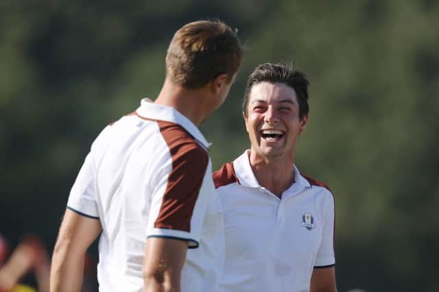 Ludvig Aberg and Viktor Hovland celebrate winning their match 9&7 during the Saturday morning foursomes matches in Ryder Cup at Marco Simone Golf & Country Club in Rome. Picture: Patrick Smith/Getty Images