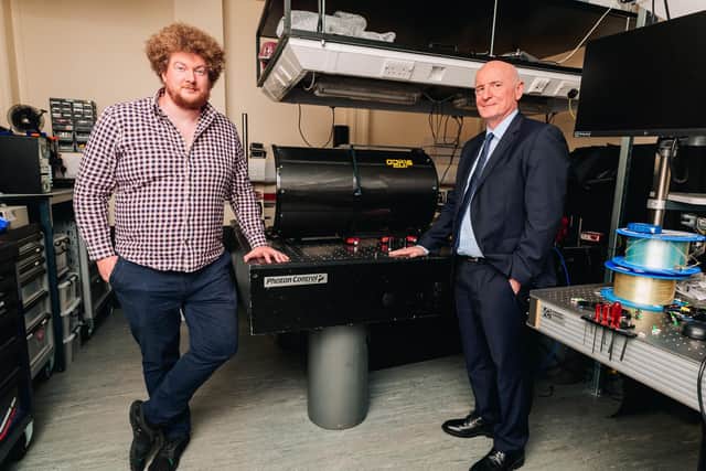 Dr Ross Donaldson and Professor Gerald Buller with technology that will be used in the optical ground station. Picture: Ben Glasgow/Heriot-Watt University