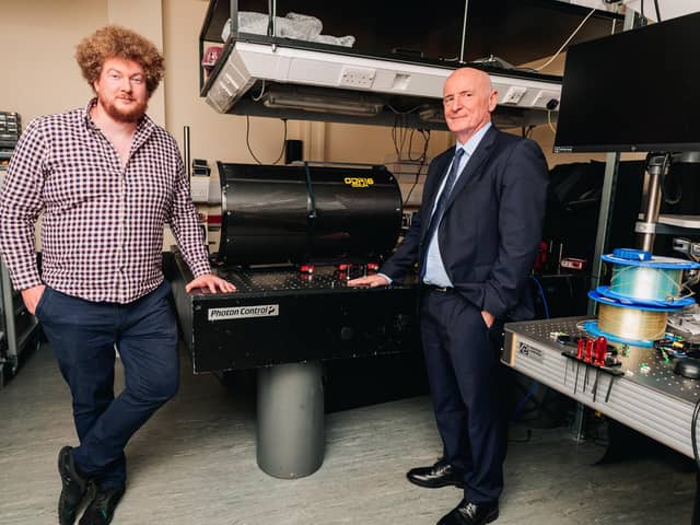 Dr Ross Donaldson and Professor Gerald Buller with technology that will be used in the optical ground station. Picture: Ben Glasgow/Heriot-Watt University