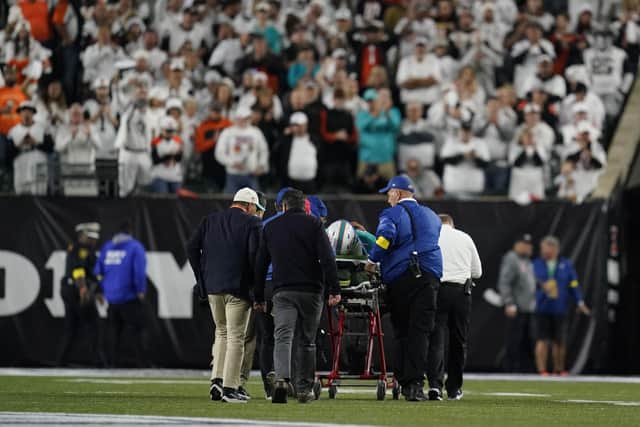 Miami Dolphins quarterback Tua Tagovailoa left the field on a stretcher and was taken to a hospital in Cincinnati.