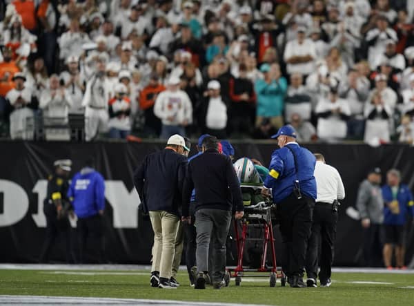 Miami Dolphins quarterback Tua Tagovailoa left the field on a stretcher and was taken to a hospital in Cincinnati.