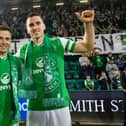 Departing Hibs legnds Lewis Stevenson (left) and Paul Hanlon at full time after a 3-0 win over Motherwell on their last appearance at Easter Road. (Photo by Ross Parker / SNS Group)