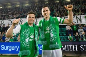 Departing Hibs legnds Lewis Stevenson (left) and Paul Hanlon at full time after a 3-0 win over Motherwell on their last appearance at Easter Road. (Photo by Ross Parker / SNS Group)