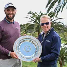 Jon Rahm receives the Seve Ballesteros Award from European Tour Group chief executive Keith Pelley in Los Angeles. Picture: Ben Jared/PGA Tour.