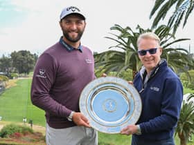 Jon Rahm receives the Seve Ballesteros Award from European Tour Group chief executive Keith Pelley in Los Angeles. Picture: Ben Jared/PGA Tour.