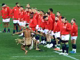 The British & Irish Lions team are challenged by a Zulu warrior prior to the second Test match defeat by South Africa in Cape Town. Picture: David Rogers/Getty Images