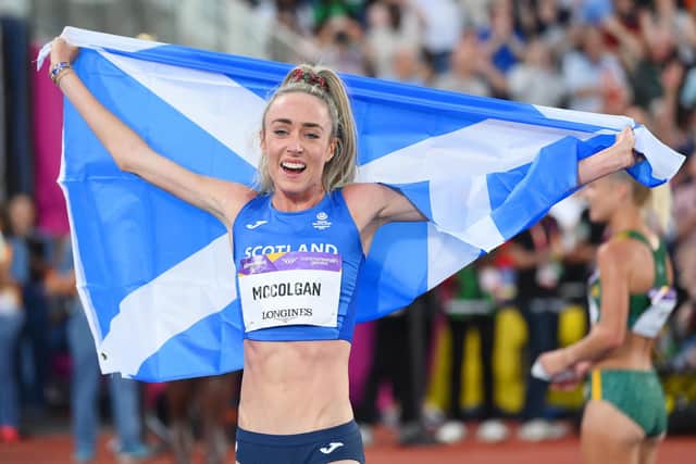 Eilish McColgan celebrates after winning the gold medal in the women's 10,000m final at the Birmingham 2022 Commonwealth Games at Alexander Stadium. (Photo by David Ramos/Getty Images)