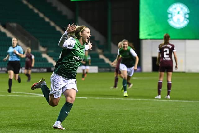 Hibs' Rachael Boyle celebrates scoring in the recent 3-0 win over Hearts at Easter Road, played in front of a record crowd of more than 5000 (Photo by Paul Devlin / SNS Group)