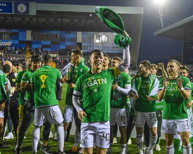 Celtic captain Callum McGregor leads the celebrations at full-time after his side clinched the league title with a 5-0 win over Kilmarnock at Rugby Park. (Photo by Rob Casey / SNS Group)
