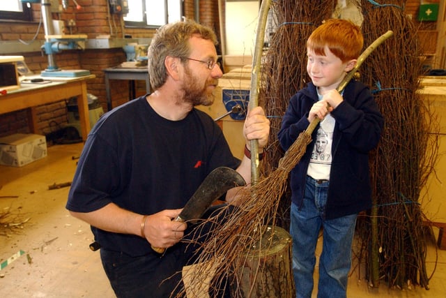 Making brooms at the Jarrow Festival with the expert help of wood smith Maurice Pyle.