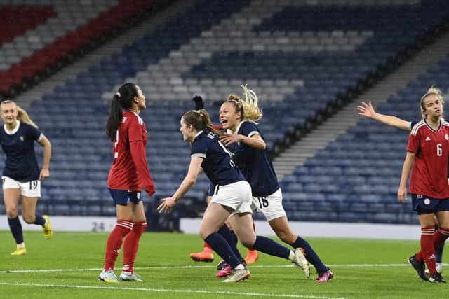 GLASGOW, SCOTLAND - APRIL 11: Scotland's Emma Watson celebrates after making it 1-0 during an international friendly match between Scotland and Costa Rica at Hampden Park, on April 11, 2023, in Glasgow, Scotland. (Photo by Rob Casey / SNS Group)