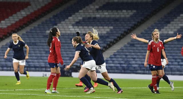 GLASGOW, SCOTLAND - APRIL 11: Scotland's Emma Watson celebrates after making it 1-0 during an international friendly match between Scotland and Costa Rica at Hampden Park, on April 11, 2023, in Glasgow, Scotland. (Photo by Rob Casey / SNS Group)