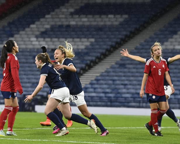 GLASGOW, SCOTLAND - APRIL 11: Scotland's Emma Watson celebrates after making it 1-0 during an international friendly match between Scotland and Costa Rica at Hampden Park, on April 11, 2023, in Glasgow, Scotland. (Photo by Rob Casey / SNS Group)