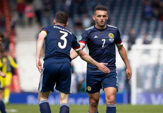 A disappointed John McGinn with Scotland captain Andy Robertson at full time of the 2-0 defeat to Czech Republic at Hampden in the Euro 2020 opener (Photo by Alan Harvey / SNS Group)