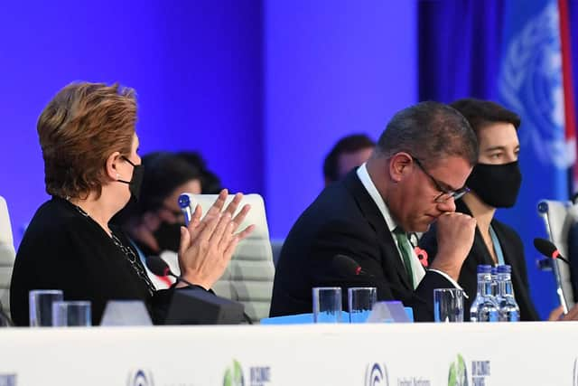 COP26 President Alok Sharma reacts as he makes his concluding remarks to the conference. Picture: Paul Ellis/AFP/Getty Images