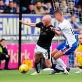 Craig Sibbald, Mark O'Hara and Jamie MacDonald in action during the Ladbrokes SPFL Premiership play-off final first leg. Falkirk FC v Kilmarnock FC.  Picture Michael Gillen.