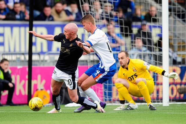 Craig Sibbald, Mark O'Hara and Jamie MacDonald in action during the Ladbrokes SPFL Premiership play-off final first leg. Falkirk FC v Kilmarnock FC.  Picture Michael Gillen.