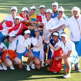 Catriona Matthew celebrates with her players and vice captains after Europe's win in the Solheim Cup at the Inverness Club in Toledo, Ohio. Picture: Gregory Shamus/Getty Images.
