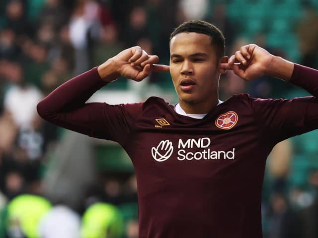 Hearts defender Toby Sibbick celebrates making it 3-0 in the Scottish Cup fourth round win over Hibs. (Photo by Craig Williamson / SNS Group)
