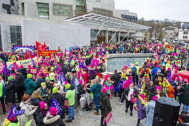 Teachers hold a rally outside the Scottish Parliament on a strike day in November last year