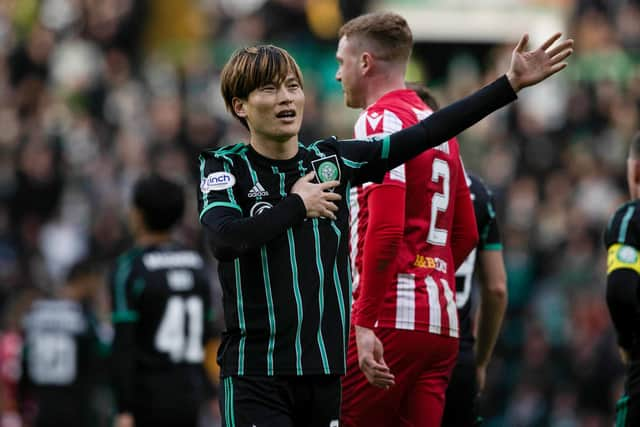 Celtic's Kyogo Furuhashi celebrates scoring to make it 3-0 over St Johnstone at Celtic Park. (Photo by Craig Williamson / SNS Group)