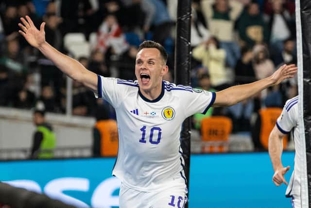 Scotland's Lawrence Shankland celebrates after scoring an injury-time equaliser in Georgia in November. (Photo by Craig Williamson / SNS Group)