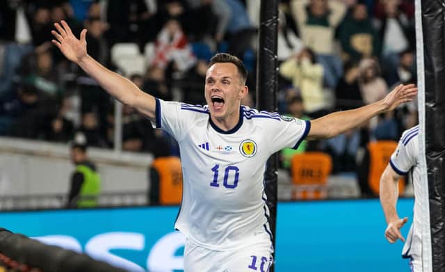 Scotland's Lawrence Shankland celebrates after scoring an injury-time equaliser in Georgia in November. (Photo by Craig Williamson / SNS Group)