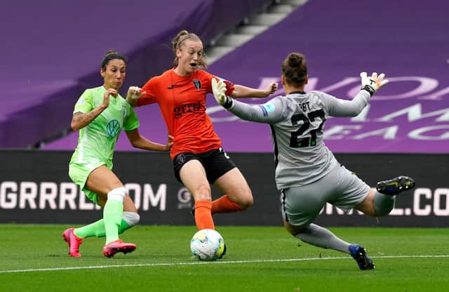 Glasgow City on the attack v Wolfsburg in the  UEFA Women's Champions League Quarter Final
