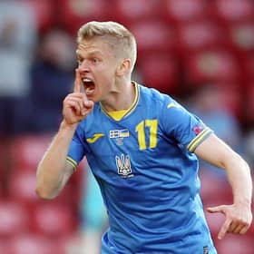 Oleksandr Zinchenko celebrates after scoring for Ukraine at Hampden in their Euro 2020 last 16 victory over Sweden last summer. (Photo by ROBERT PERRY/POOL/AFP via Getty Images)