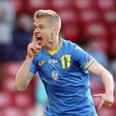 Oleksandr Zinchenko celebrates after scoring for Ukraine at Hampden in their Euro 2020 last 16 victory over Sweden last summer. (Photo by ROBERT PERRY/POOL/AFP via Getty Images)