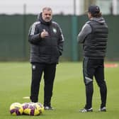 Celtic manager Ange Postecoglou and coach Harry Kewell during a training session at Lennoxtown ahead of facing Hibs on Saturday.