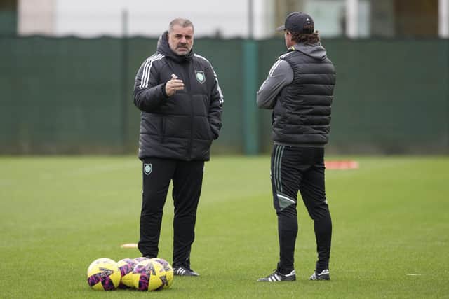 Celtic manager Ange Postecoglou and coach Harry Kewell during a training session at Lennoxtown ahead of facing Hibs on Saturday.