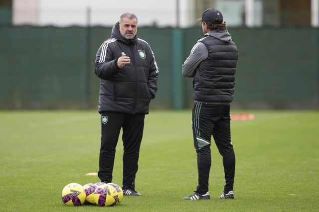 Celtic manager Ange Postecoglou and coach Harry Kewell during a training session at Lennoxtown ahead of facing Hibs on Saturday.