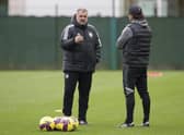 Celtic manager Ange Postecoglou and coach Harry Kewell during a training session at Lennoxtown ahead of facing Hibs on Saturday.