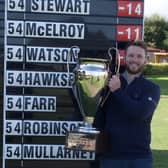 Michael Stewart shows off the trophy after winning Eagle Orchid Scottish Masters at Leven Links. Picture: PGA EuroPro Tour