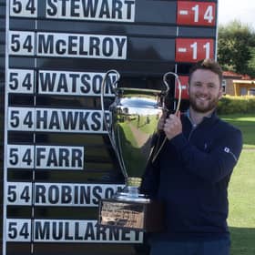 Michael Stewart shows off the trophy after winning Eagle Orchid Scottish Masters at Leven Links. Picture: PGA EuroPro Tour