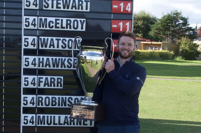 Michael Stewart shows off the trophy after winning Eagle Orchid Scottish Masters at Leven Links. Picture: PGA EuroPro Tour