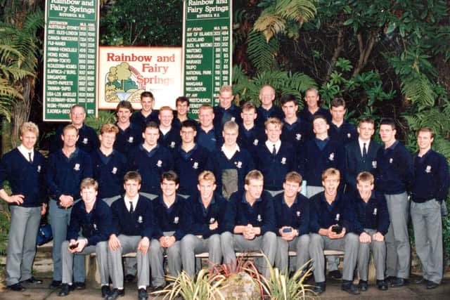 The 1988 Scottish Schools rugby squad on tour in New Zealand.
