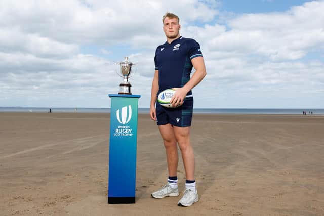 Scotland captain Liam McConnell during the World Rugby U20 Trophy 2024 captains' photocall at West Sands Beach, on June 29, 2024, in St. Andrews, Scotland. (Photo by Ross Parker / SNS Group)