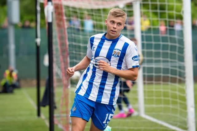 Fraser Murray turns away to celebrate giving Kilmarnock the lead in their Premier Sports Cup match against East Kilbride at K-Park. (Photo by Mark Scates / SNS Group)