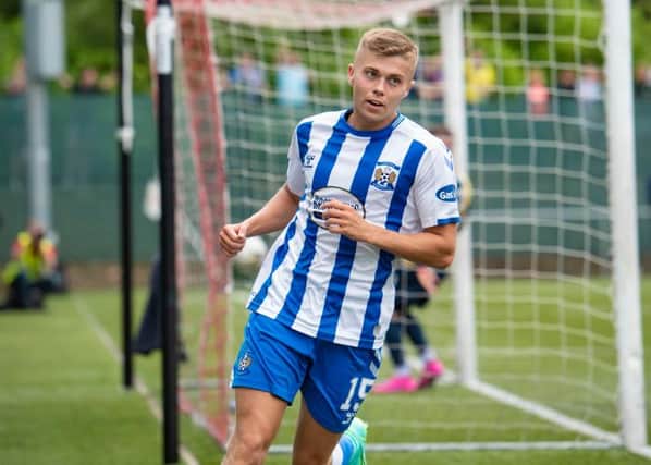 Fraser Murray turns away to celebrate giving Kilmarnock the lead in their Premier Sports Cup match against East Kilbride at K-Park. (Photo by Mark Scates / SNS Group)