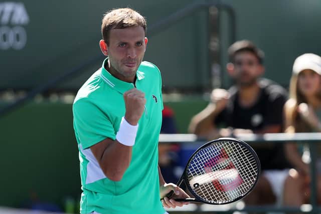 Dan Evans celebrates a point in the win over Kei Nishikori at Indian Wells. (Photo by Clive Brunskill/Getty Images)