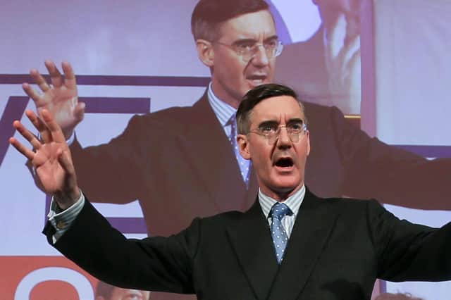 Conservative Party MP and newly appointed minister for Brexit opportunities Jacob Rees-Mogg speaks at a political rally organised by the pro-Brexit Leave Means Leave campaign group
