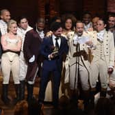 Lin-Manuel Miranda on stage with the rest of the Hamilton Broadway cast.