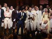 Lin-Manuel Miranda on stage with the rest of the Hamilton Broadway cast.