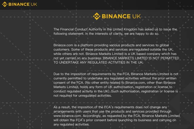 Binance's UK website is now displaying a notice about the FCA warning in response to the ban on Binance Markets Limited