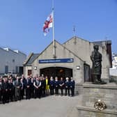 The Duke of Kent with volunteers and staff at Fraserburgh Lifeboat Station (Photo: RNLI)