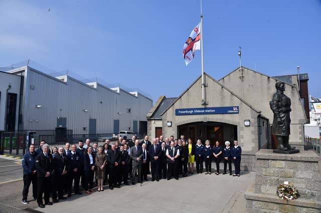 The Duke of Kent with volunteers and staff at Fraserburgh Lifeboat Station (Photo: RNLI)