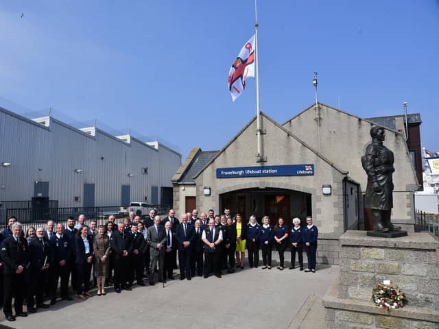 The Duke of Kent with volunteers and staff at Fraserburgh Lifeboat Station (Photo: RNLI)