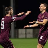 Hearts' Olly Lee celebrates his second goal at East Fife with Andy Irving.